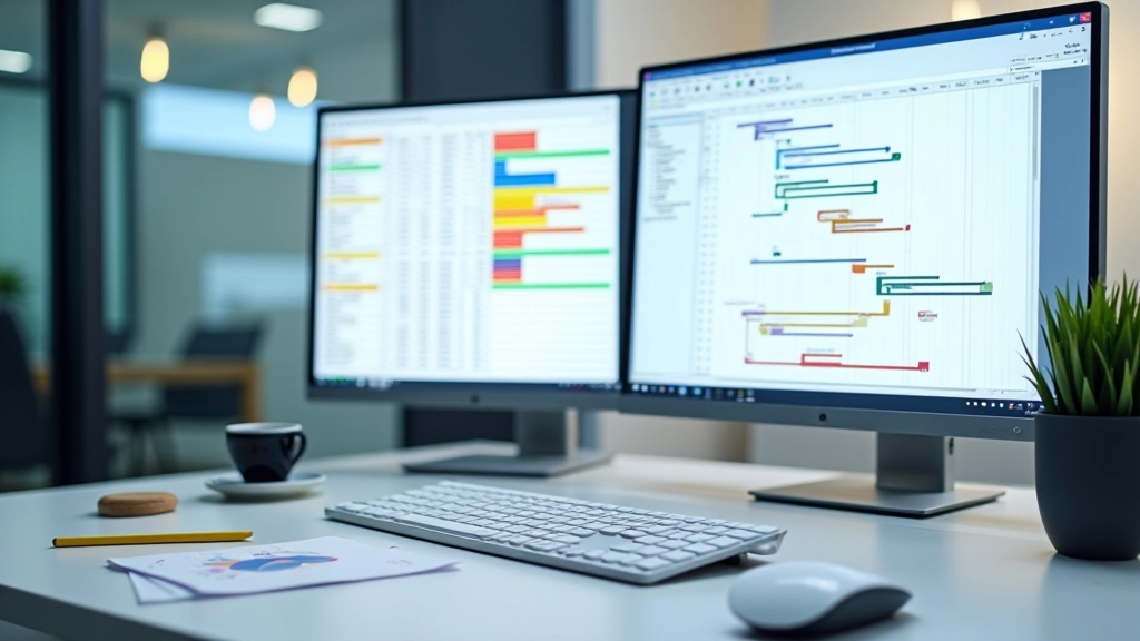Monitor arătând o foaie de calcul cu un tabel al fazelor unui proiect și coloane colorate pentru organizare