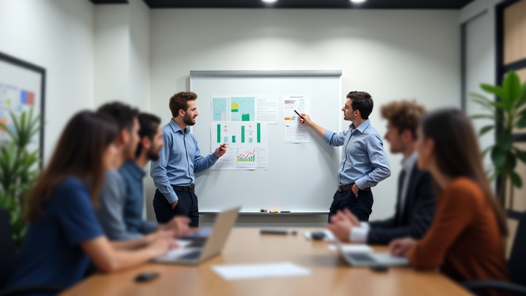 Echipă în ședință, analizând rezultate și progres pe table alb, cu marker-e și note