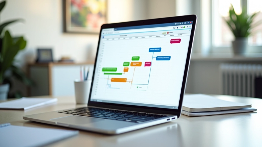 Grafic pe calculator arătând un timeline al unui proiect de website cu 5 etape colorate distinct