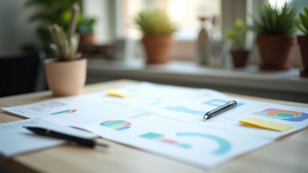 Birou modern cu caiete și foi de planificare, pe un design de proiect deschis