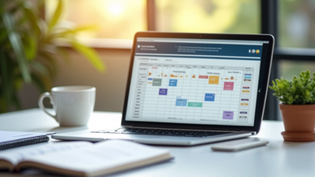 Birou modern cu planning tools și timeline de proiect vizibil pe ecran