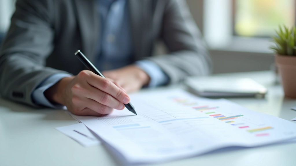 Persoană care analizează o foaie de proiect cu diagramă etapizată pe un birou curat