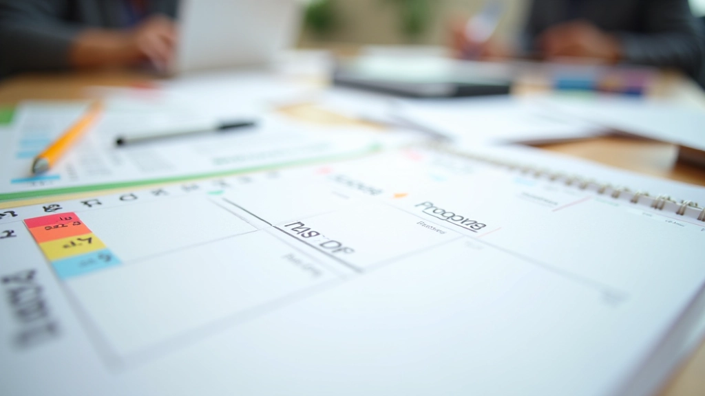 Calendar cu marcaje pentru puncte de control, rapoarte de progres notate pe fiecare săptămână