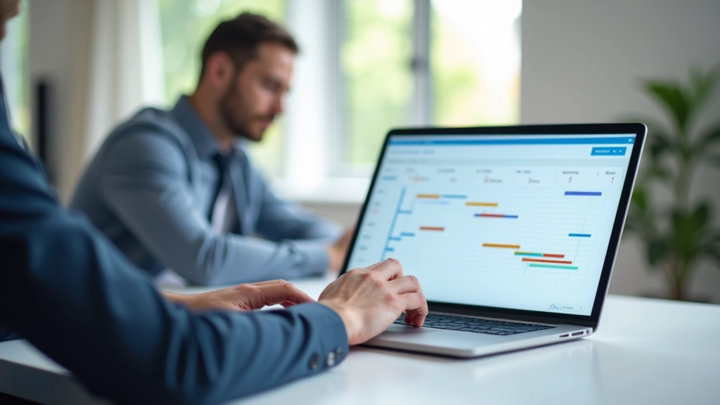 Manager de proiect analizând timeline și progress bar pe monitor, cu notite adiacente