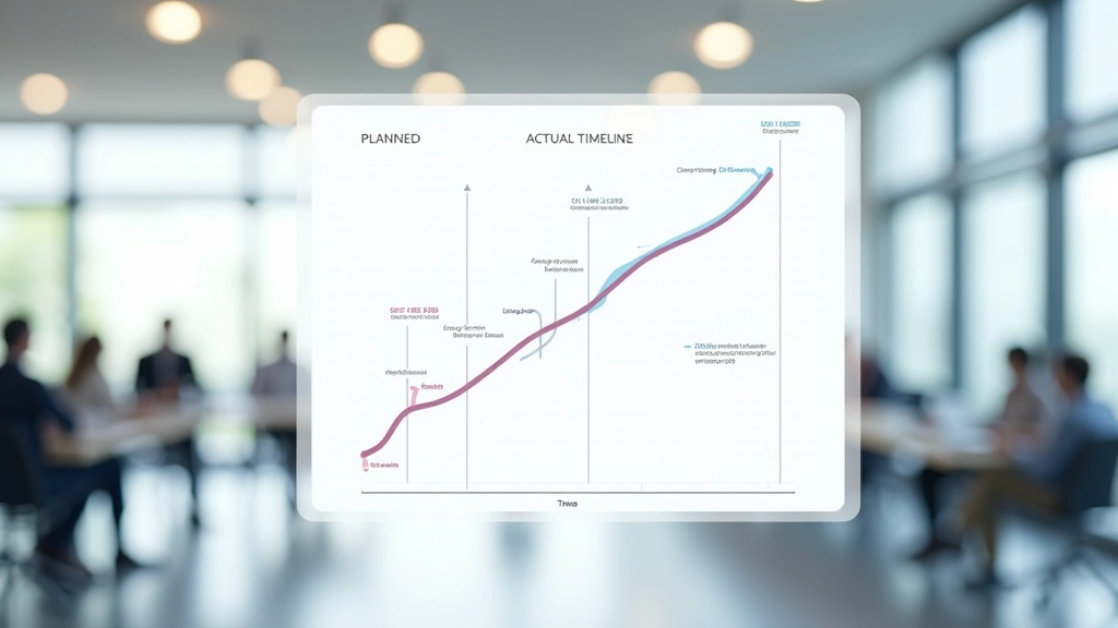 Diagrama comparativă a timeline-ului planificat versus realizat, cu devieri de 40-60 procente
