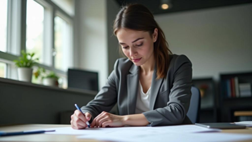 Persoană lucând la proiect cu planning tools, concentrată, birou curat și organizat